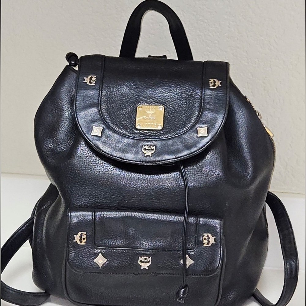 МСМ Backpack Black Leather With Charm Authentic